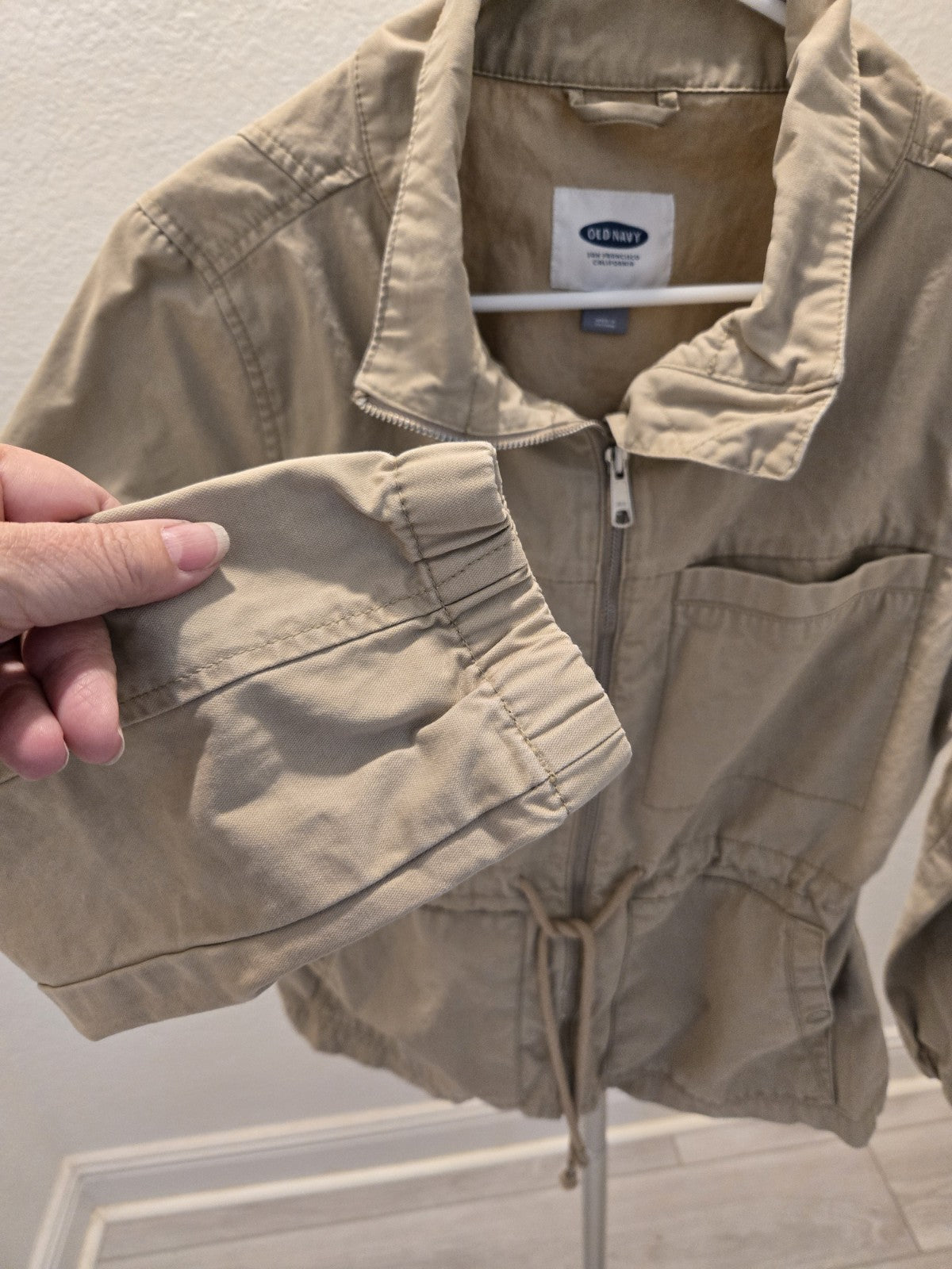 Old Navy Womens Large Khaki Utility Military Zip Snap Jacket Cotton Cinch Waist