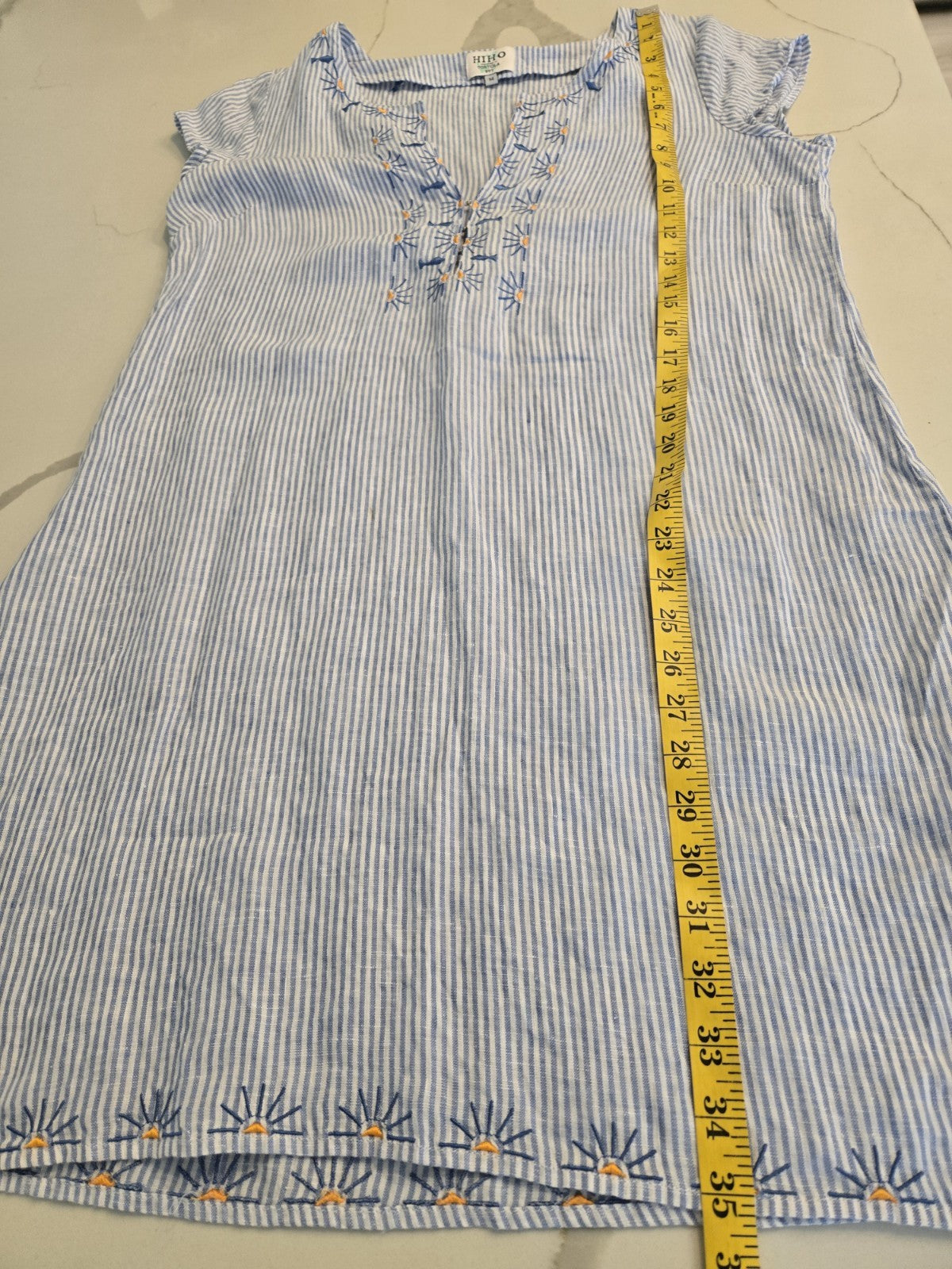 HIHO Tortola BVI Medium Striped Linen Embroidered Tunic Shift Rachel Dress