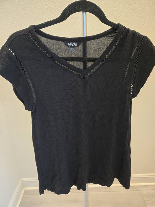 Buffalo David Bitton Short Sleeve Textured Lightweight V-Neck Black XS Women Top
