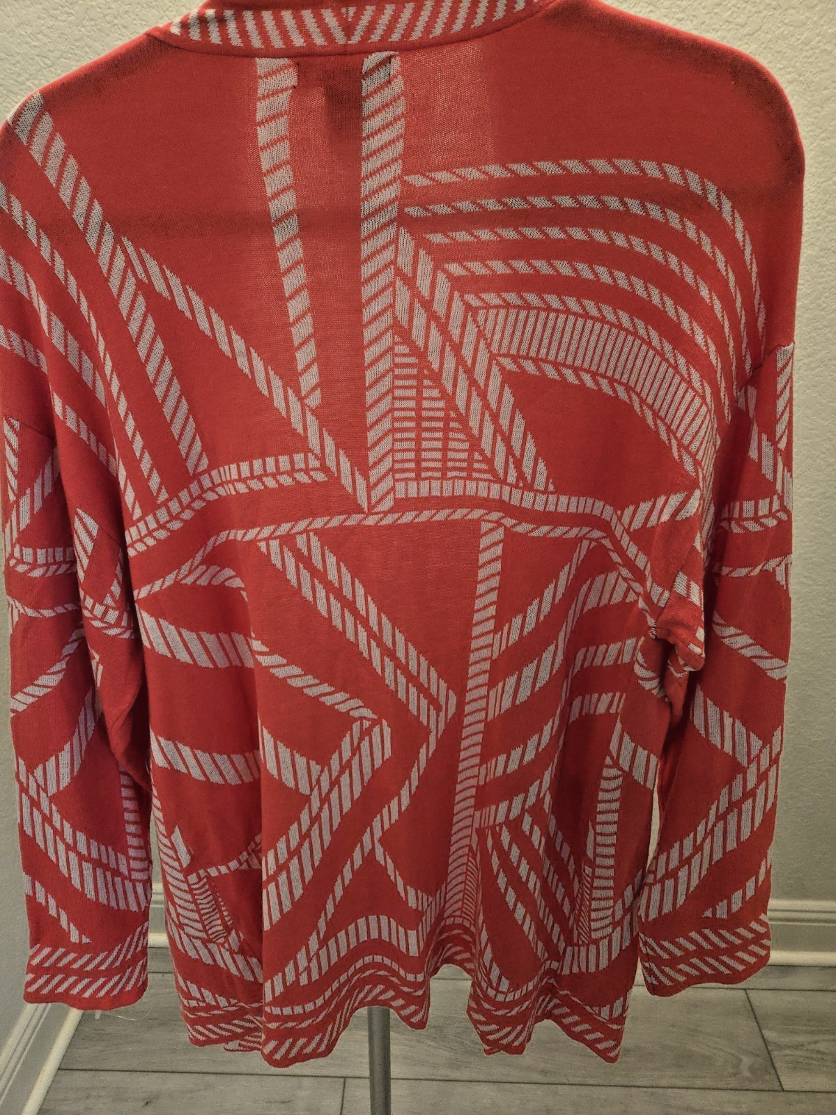 Lauren Michelle Y2K Geometric Open Front Cardigan Coral White Sweater Large