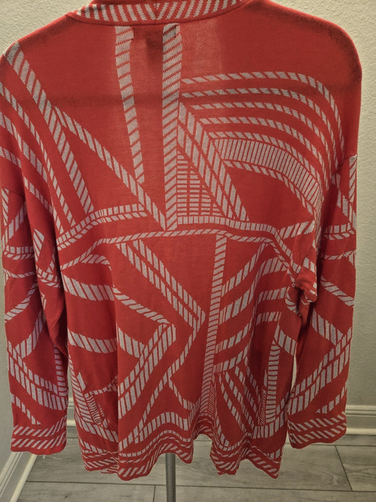 Lauren Michelle Y2K Geometric Open Front Cardigan Coral White Sweater Large