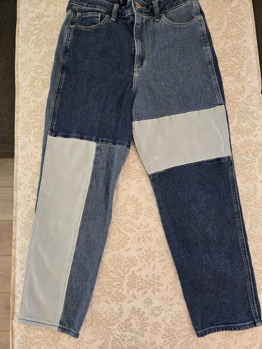 Hollister High Rise Patchwork Straight Leg Blue Color Block 7S 6