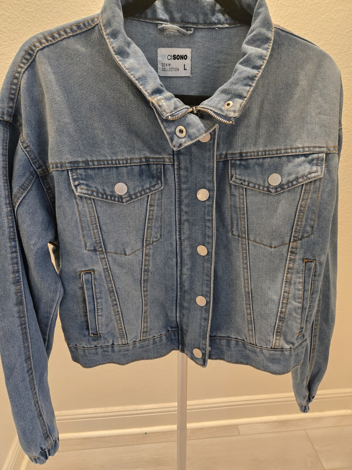 Ci Sono Denim Jacket L Womens Blue Cropped Asymmetric Zip Trucker