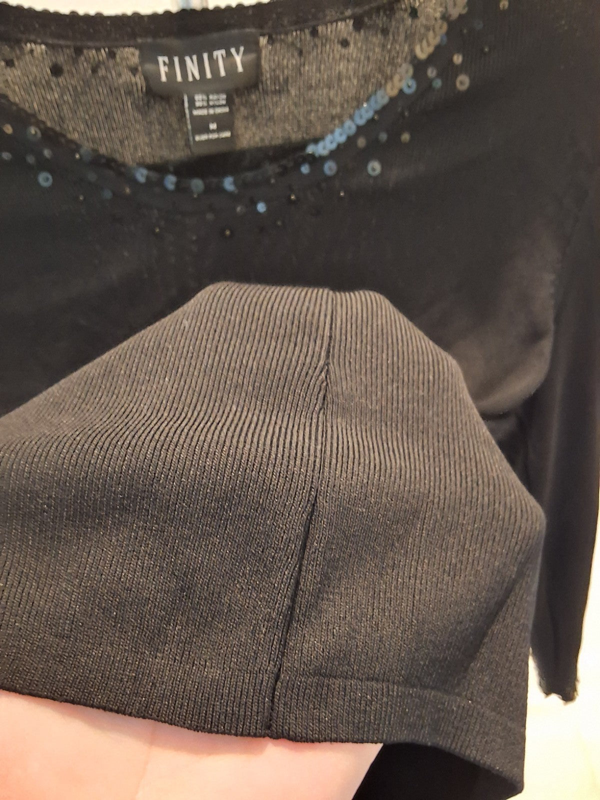 FINITY Size M Vintage Black 3/4 Sleeve Stretchy Top Sequin Neckline Womens Glam