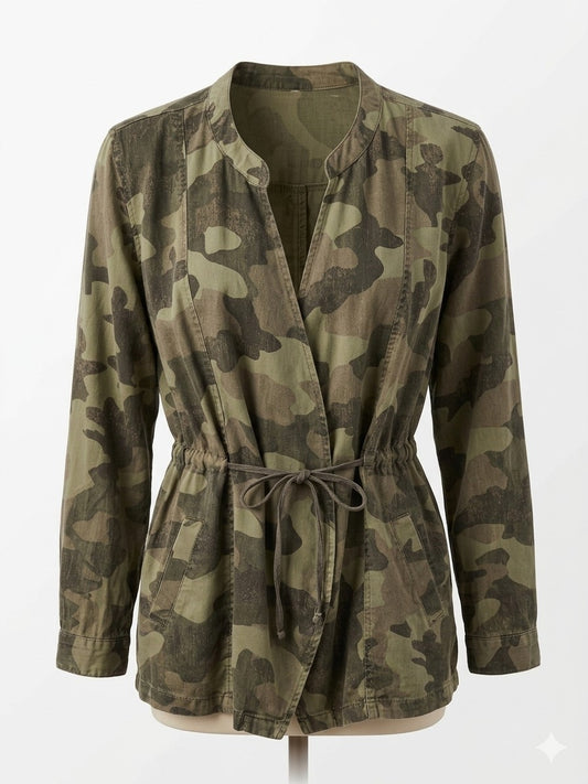 Knox Rose NWT Camo Utility Jacket L Draped Open Front Drawstring Tie Waist Boho