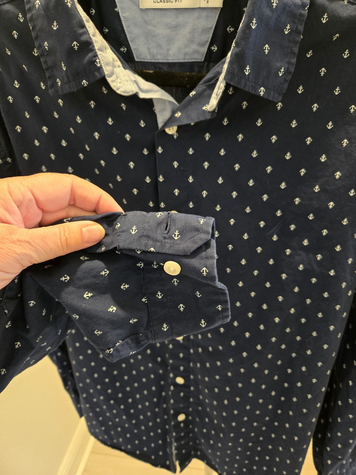Nautica XL Anchor Print Long Sleeve Button Down Shirt Men Navy Classic Fit