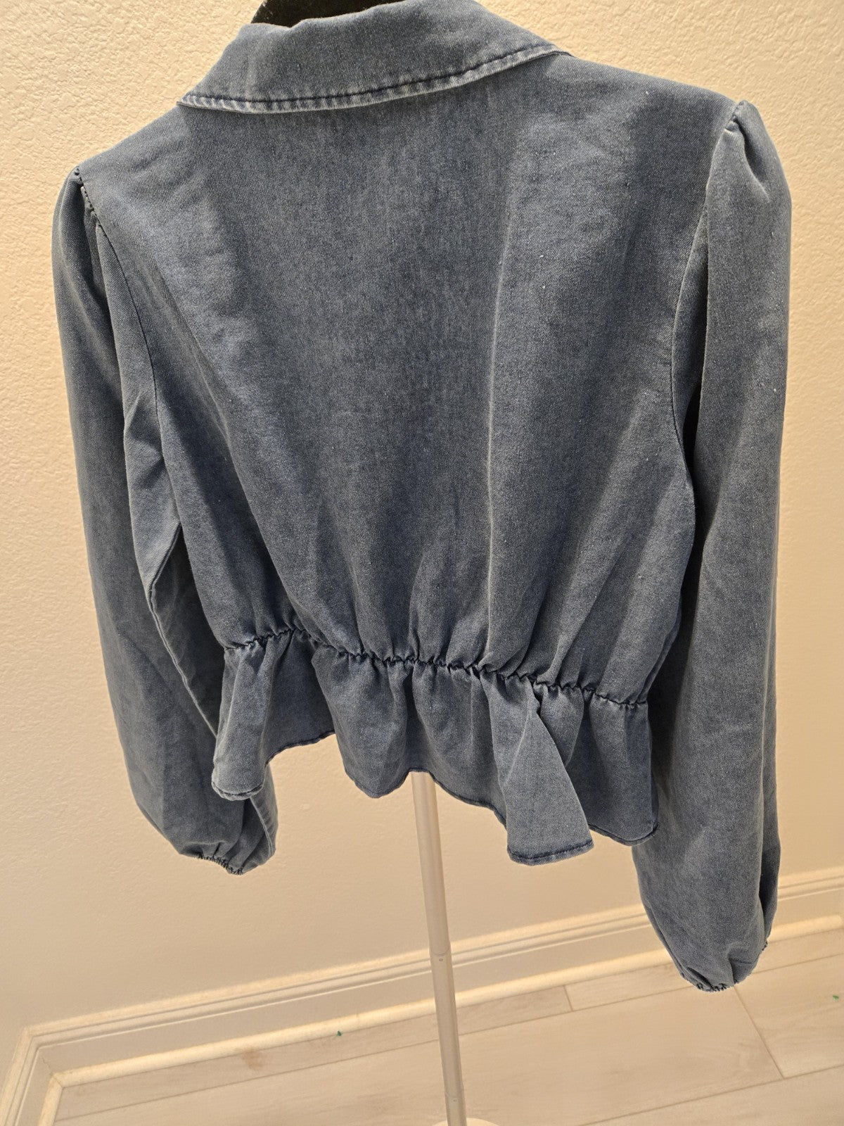 Idem Ditto S Tie Front Crop Denim Top Womens Long Puff Sleeve Peplum Blue