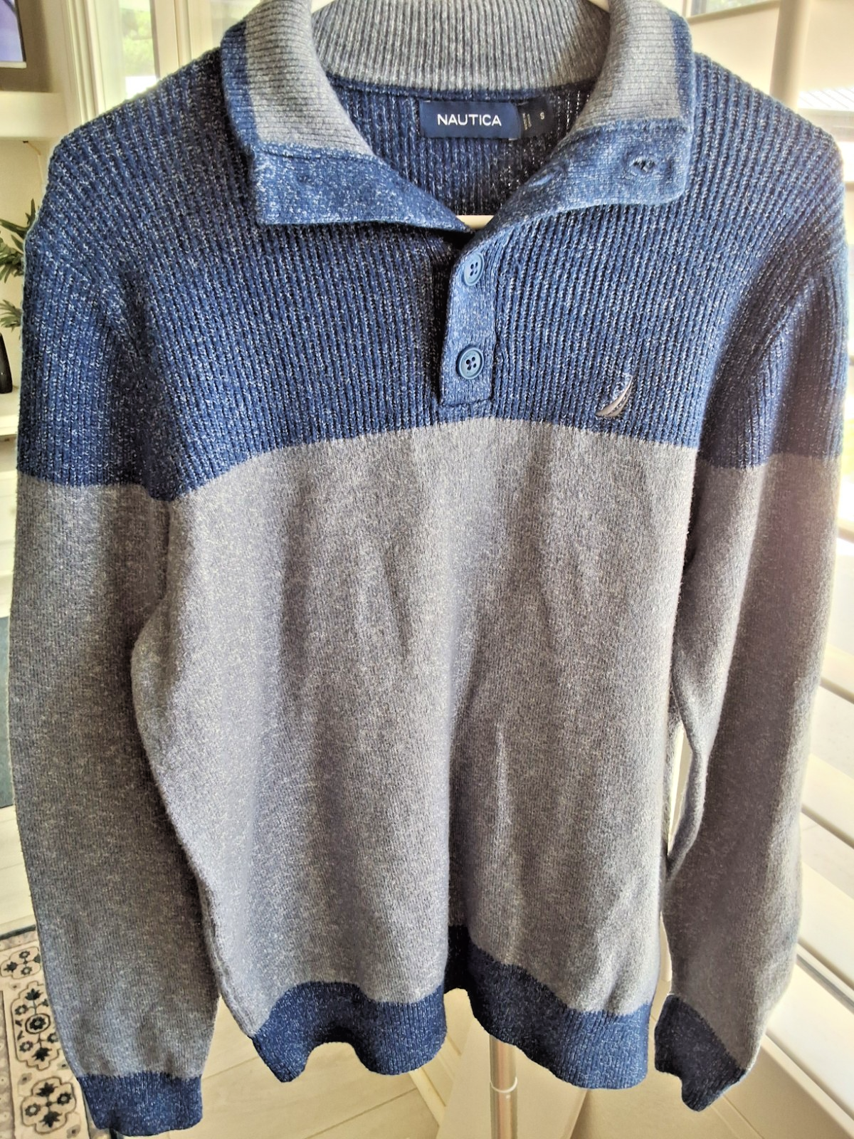Nautica Sweater Blue Grey Colorblock Button Mock Neck Pullover  Mens S