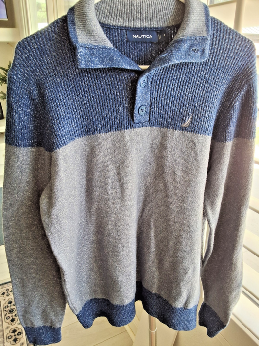 Nautica Sweater Blue Grey Colorblock Button Mock Neck Pullover  Mens S