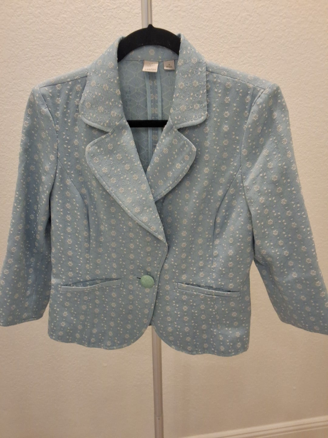 Caslon Blue White Floral Geometric Notch Lapel Faux Pockets Medium Blazer
