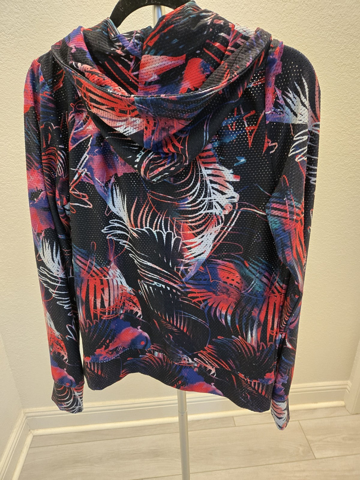 Bebe Sport Rhinestone Logo Mesh Zip Up Hoodie Y2K McBling Tropical Women's L