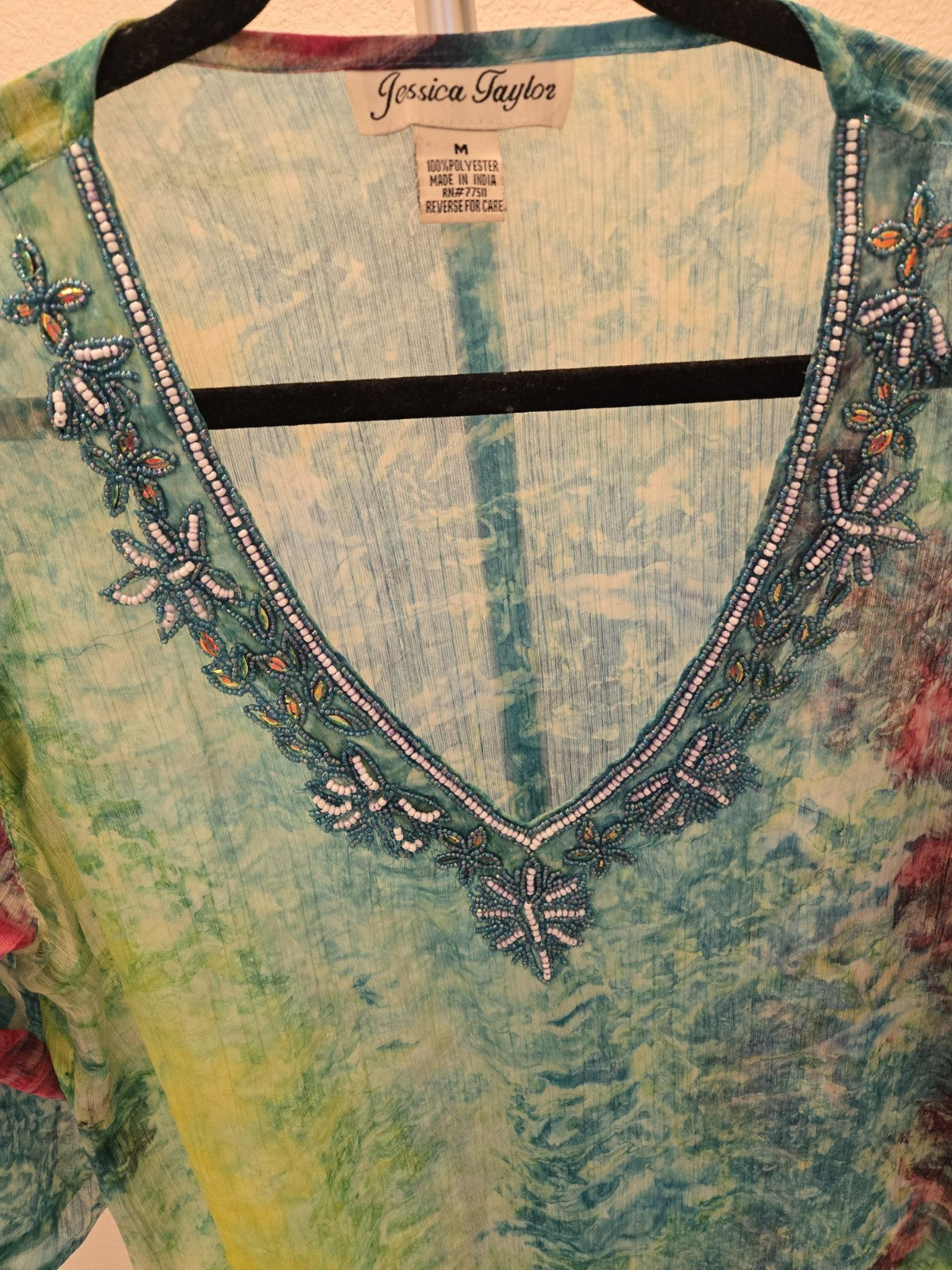 Jessica Taylor Sequins & Bead Blue Turquoise M Sheer V-Neck Tunic Blouse Womens