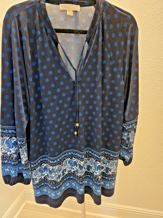 Michael Kors XL Blue Medallion Border Print Tunic Blouse Gold Tie Neck Jersey
