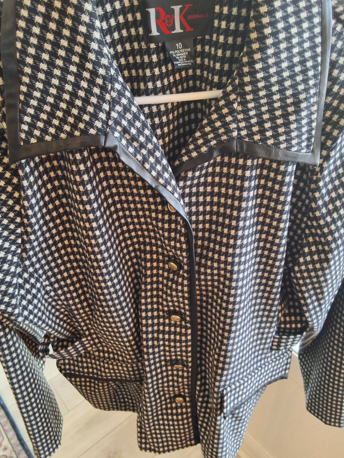 R&K Originals Houndstooth Blazer Jacket Faux Leather Trim Black White Womens 10