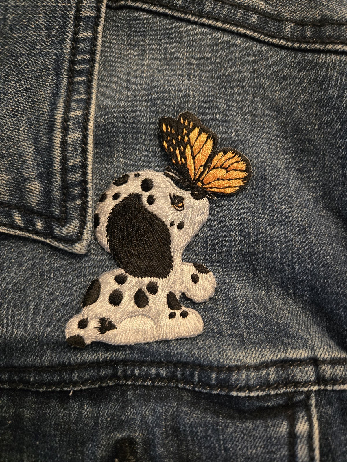 Celebrity Pink dalmatian Puppy Patch Denim Trucker Jacket L Collared Y2K