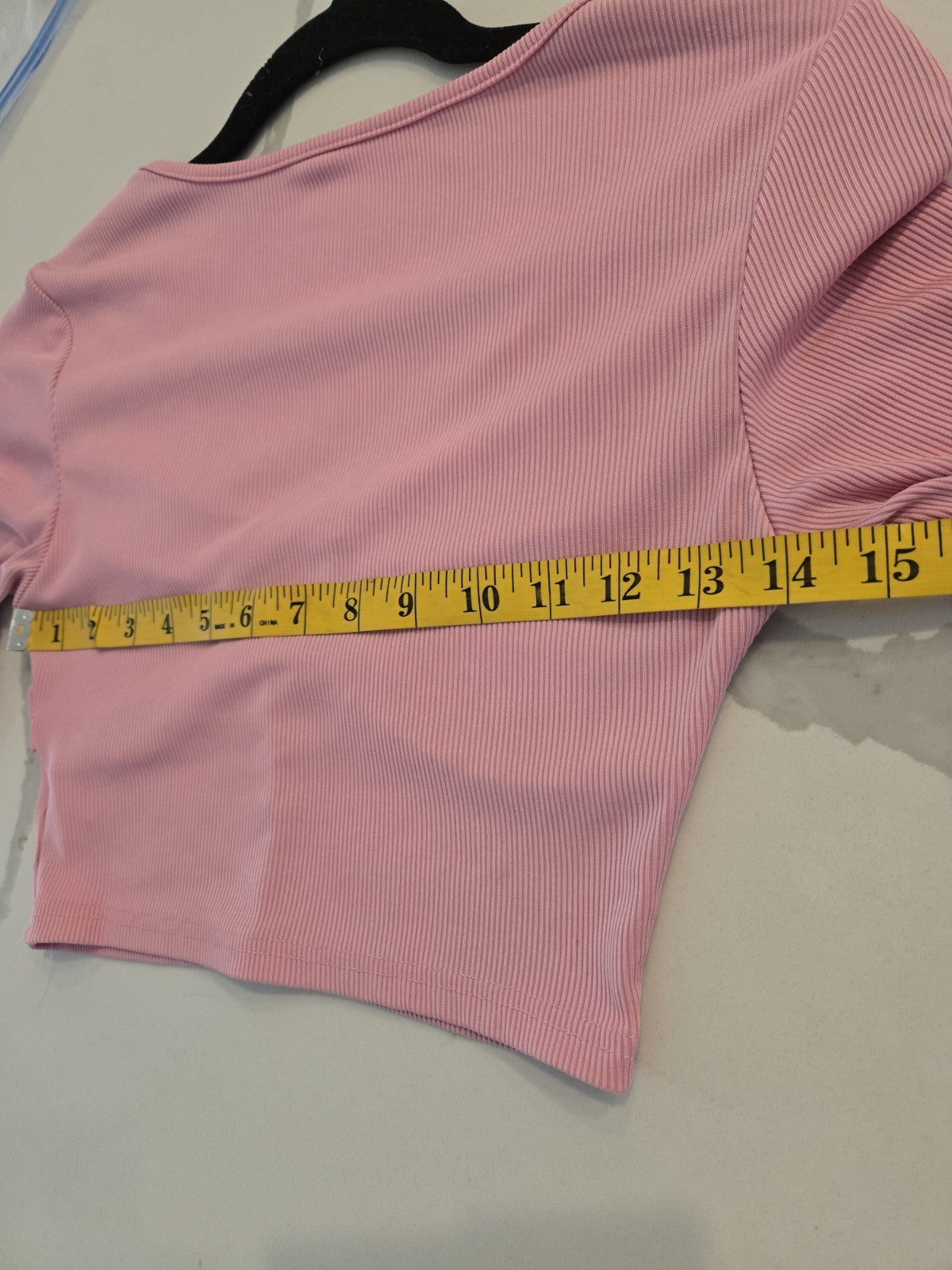 Shein M Pink Ribbed Knit Top Womens Long Sleeve Rhinestone Heart Cut Out Crop