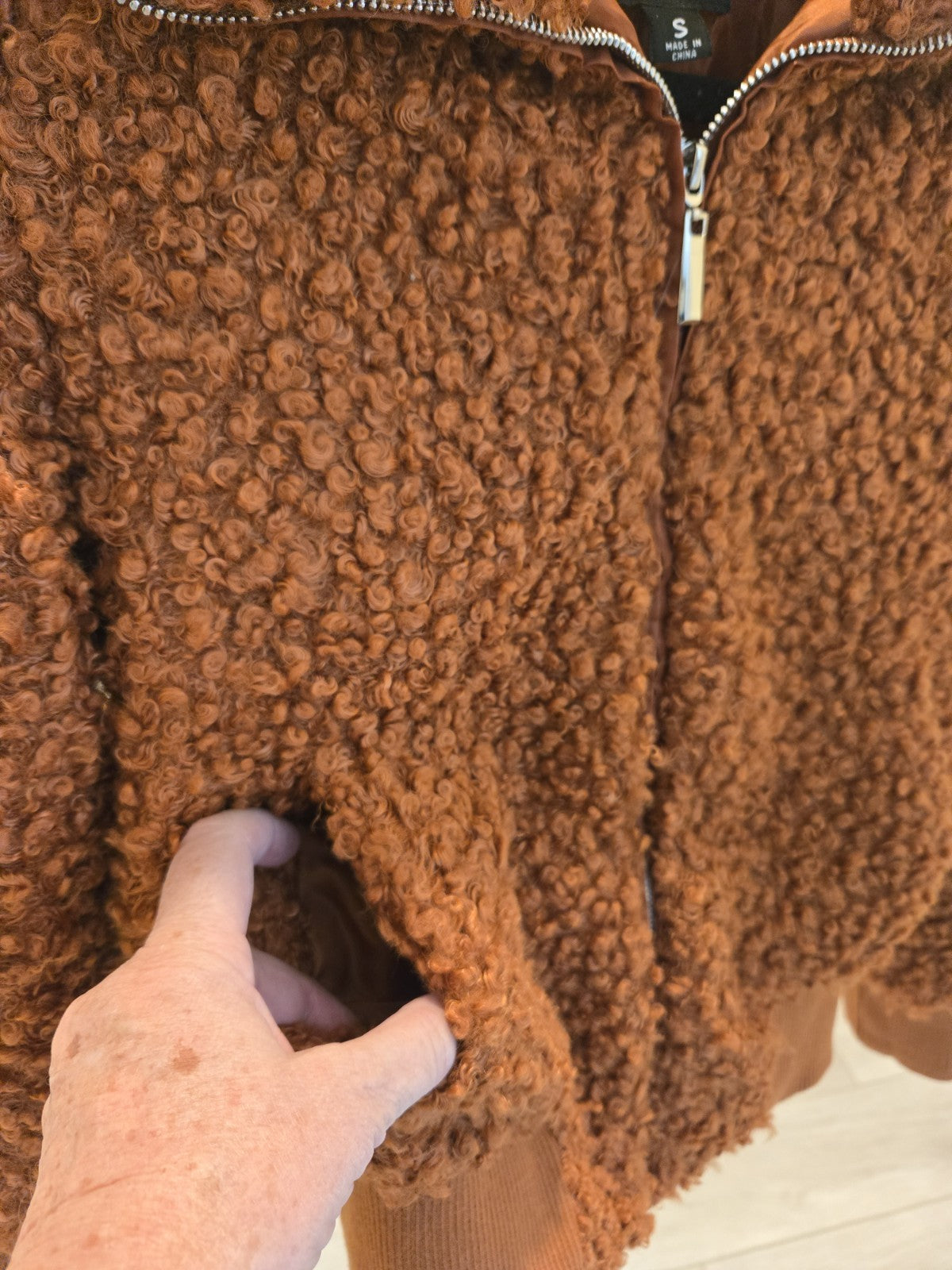 Fashion Nova S Teddy Bear Bomber Jacket, Cozy Fleece Shearling Zip-Up, Brown