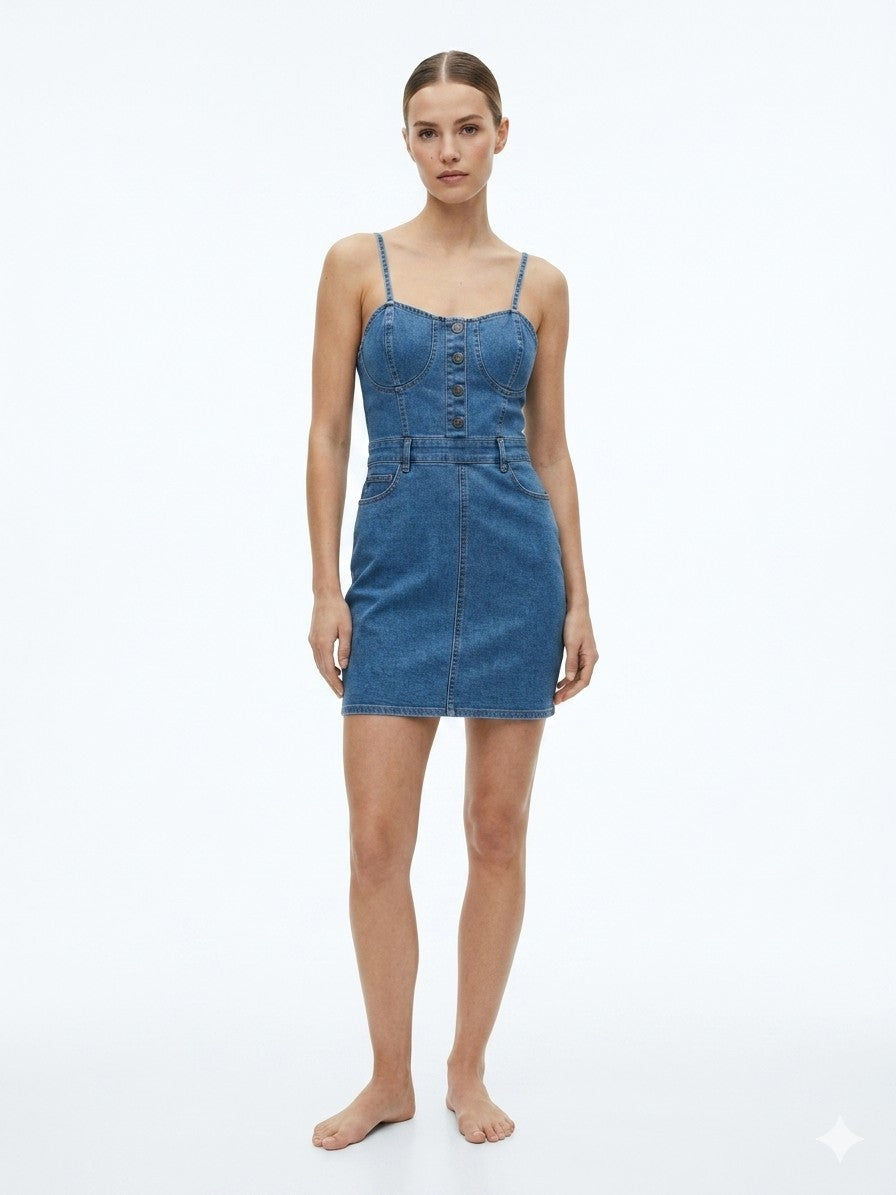 Heart & Heels Medium Denim Bustier Dress Button Sweetheart Stretch Jean Mini M