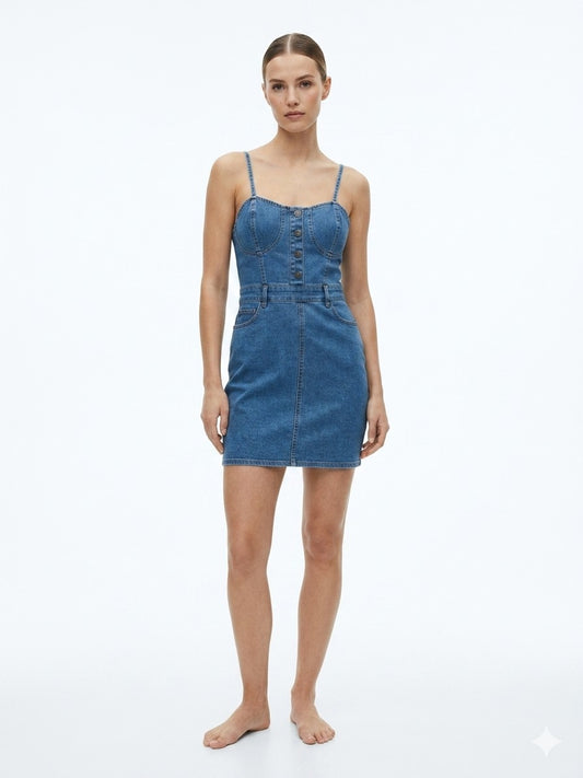 Heart & Heels Medium Denim Bustier Dress Button Sweetheart Stretch Jean Mini M