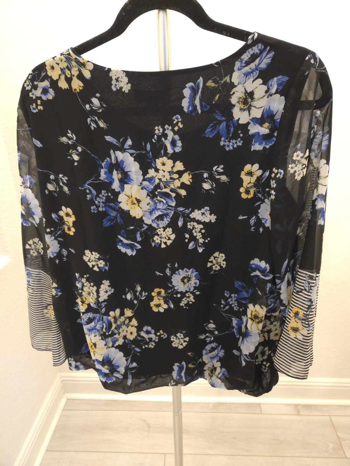 ALYX M Black Floral Print Sheer Blouse Striped 3/4 Sleeves Chiffon Boho Top