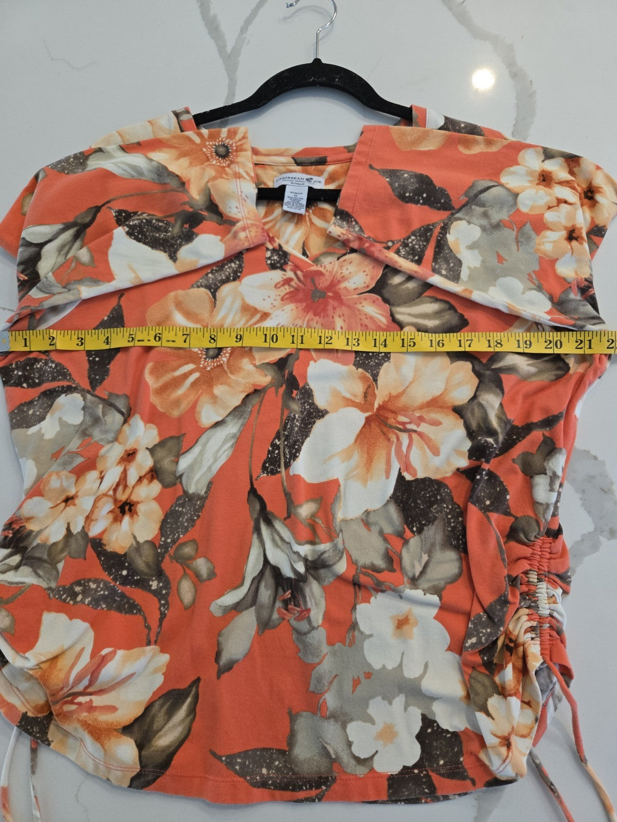 Caribbean Joe 1X Orange Tropical Floral Tunic Top Ruched Side Drawstring V-Neck