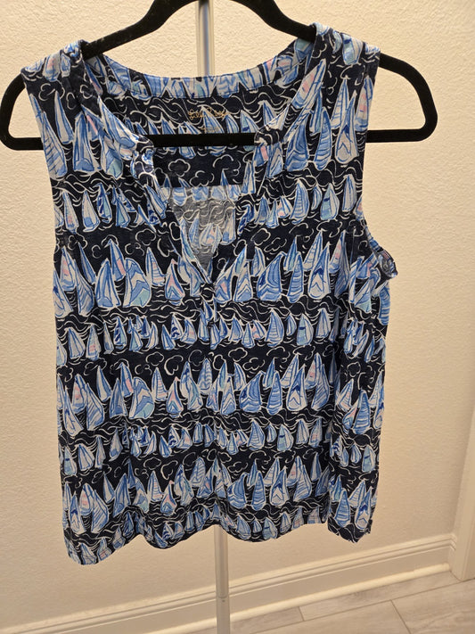 Lilly Pulitzer Large Sailboat Print Sleeveless Tank Top Women Blue Nautical Cami