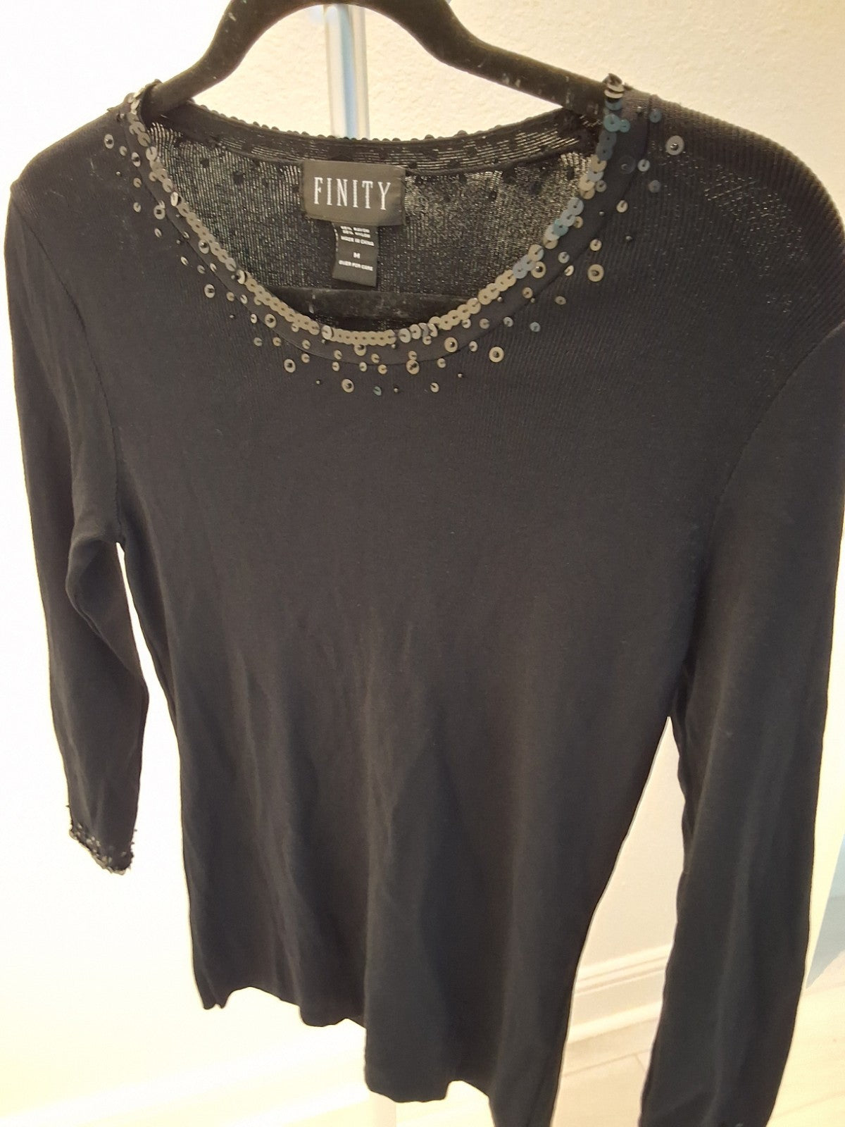 FINITY Size M Vintage Black 3/4 Sleeve Stretchy Top Sequin Neckline Womens Glam