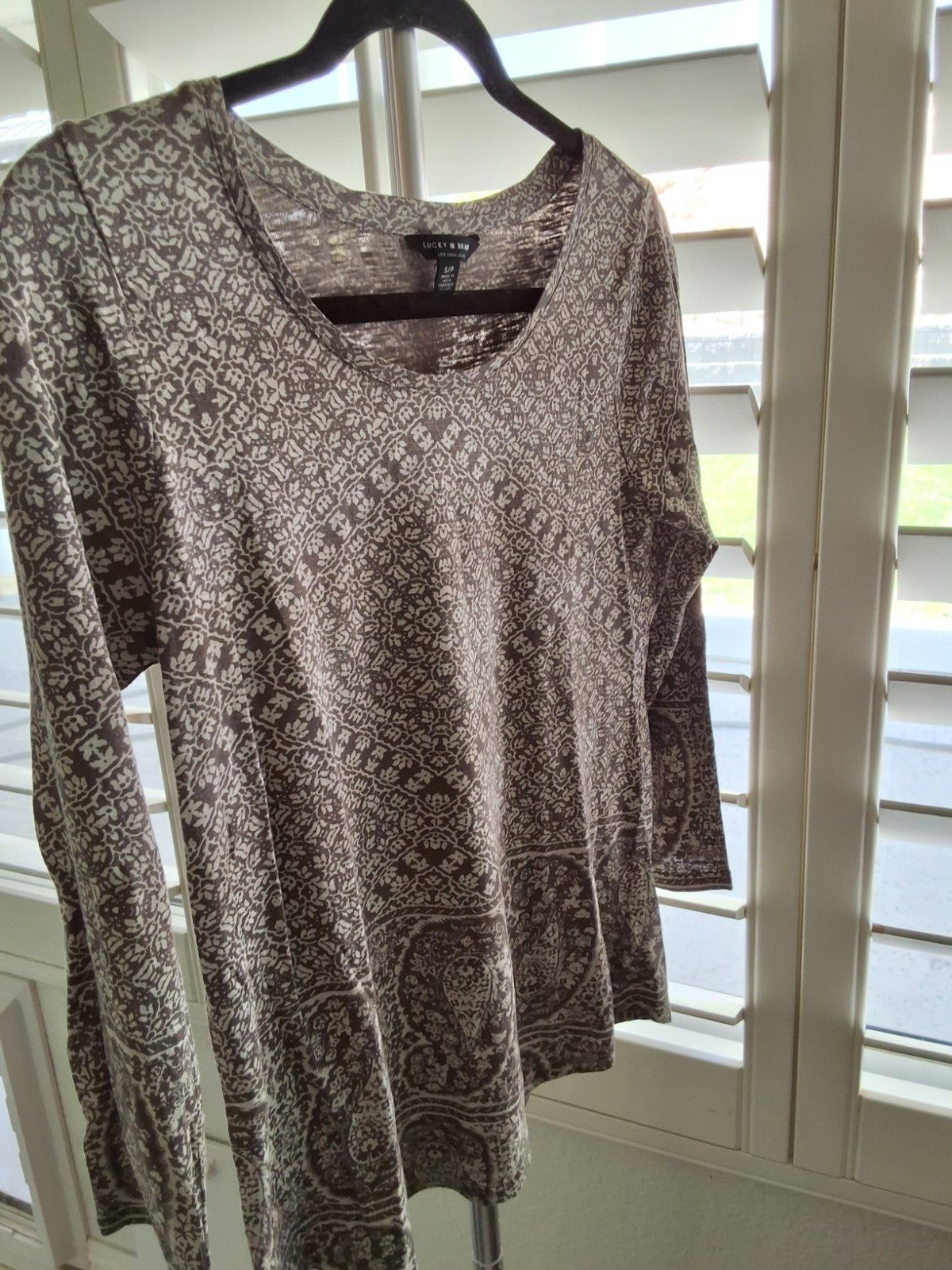 Lucky Brand Womens S/P Green White Print Long Sleeve Boho Top Paisley Top