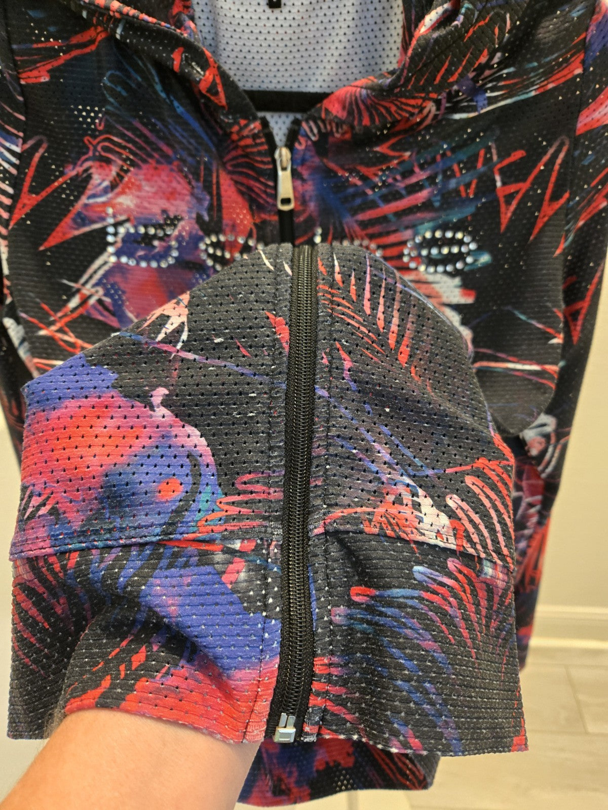 Bebe Sport Rhinestone Logo Mesh Zip Up Hoodie Y2K McBling Tropical Women's L