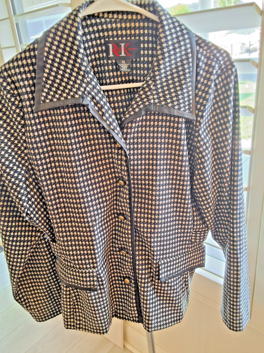 R&K Originals Houndstooth Blazer Jacket Faux Leather Trim Black White Womens 10