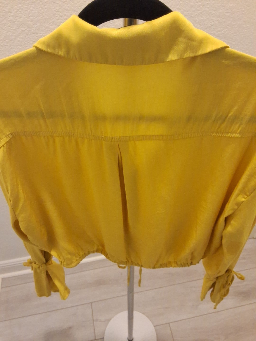 Shein Cropped Long Sleeve S Yellow Tie Sleeves Draw String Button Up Blouse