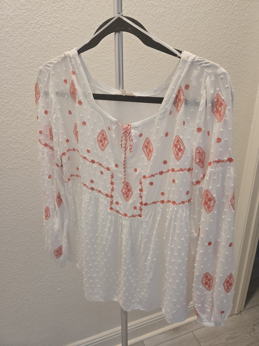 Solitaire Embroidered Large Coral & White Boho Swiss Dot Peasant Tie Neck Top