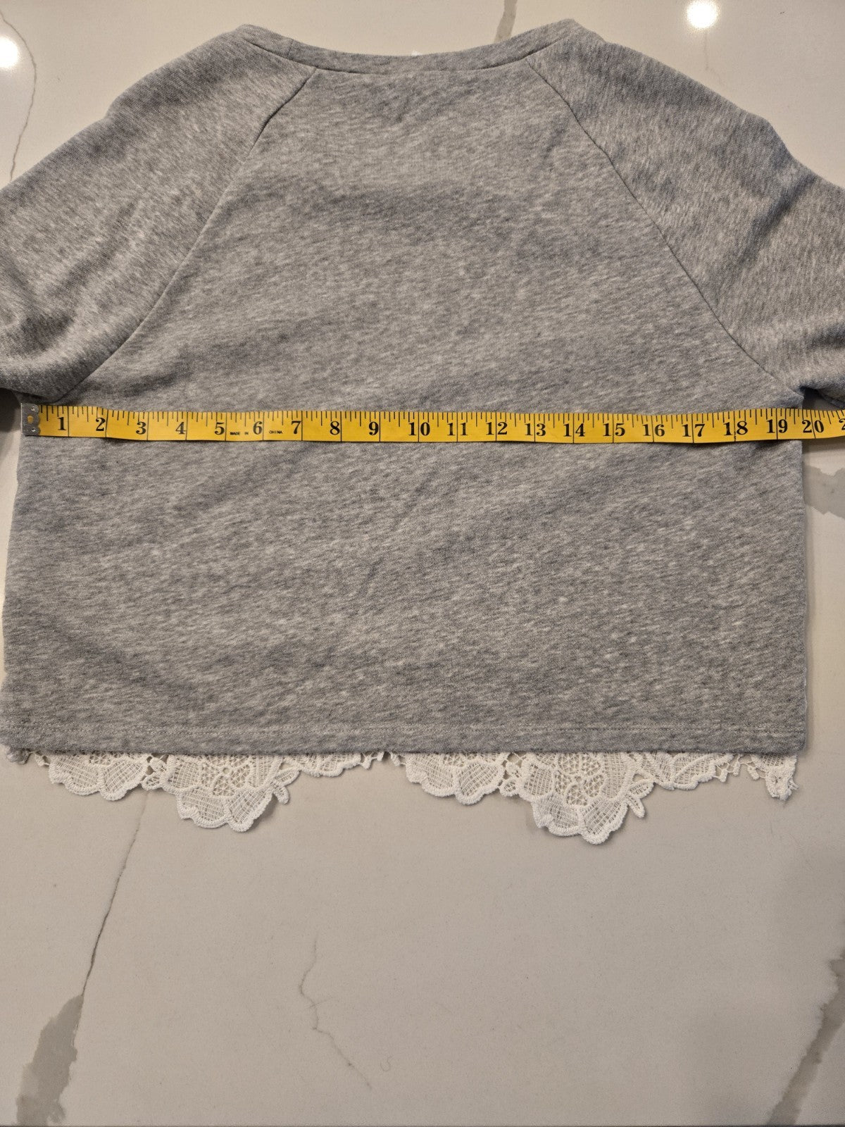 H&M Divided Grey Sweatshirt M White Floral Lace Overlay Raglan Pullover Crochet