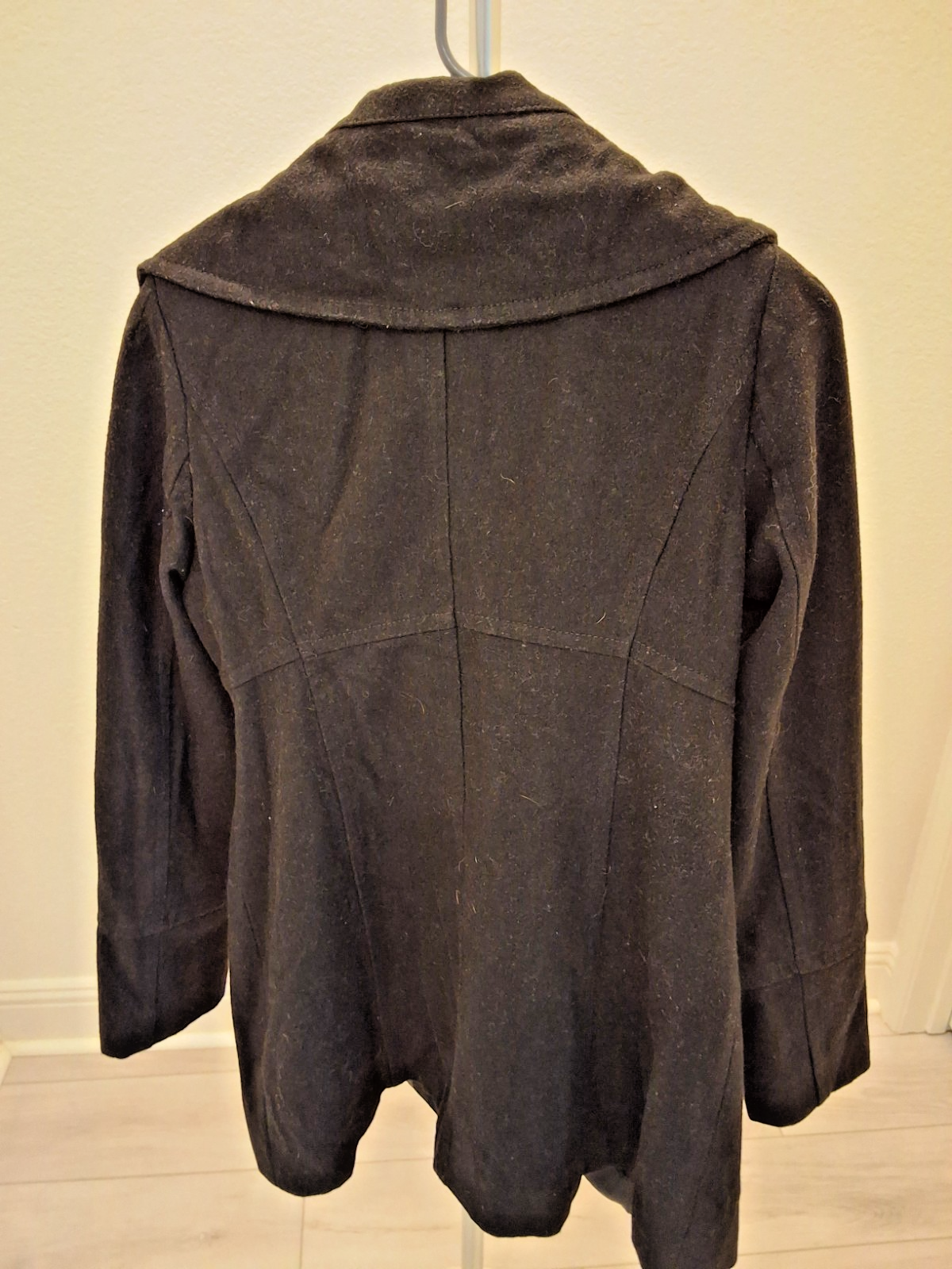 Guess Black Double Breasted Peacoat Wide Shawl Collar Fitted Wool Blend S 2000s