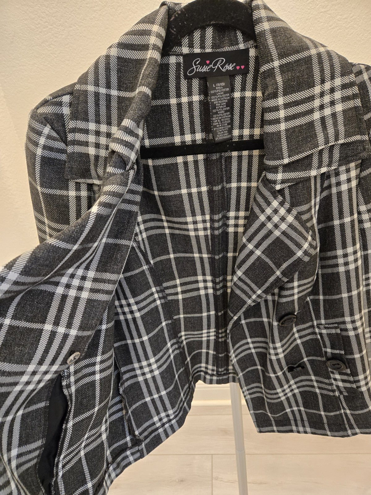 Susie Rose L Dark Academia Plaid Peacoat Cropped Double Breasted Quiet Luxury