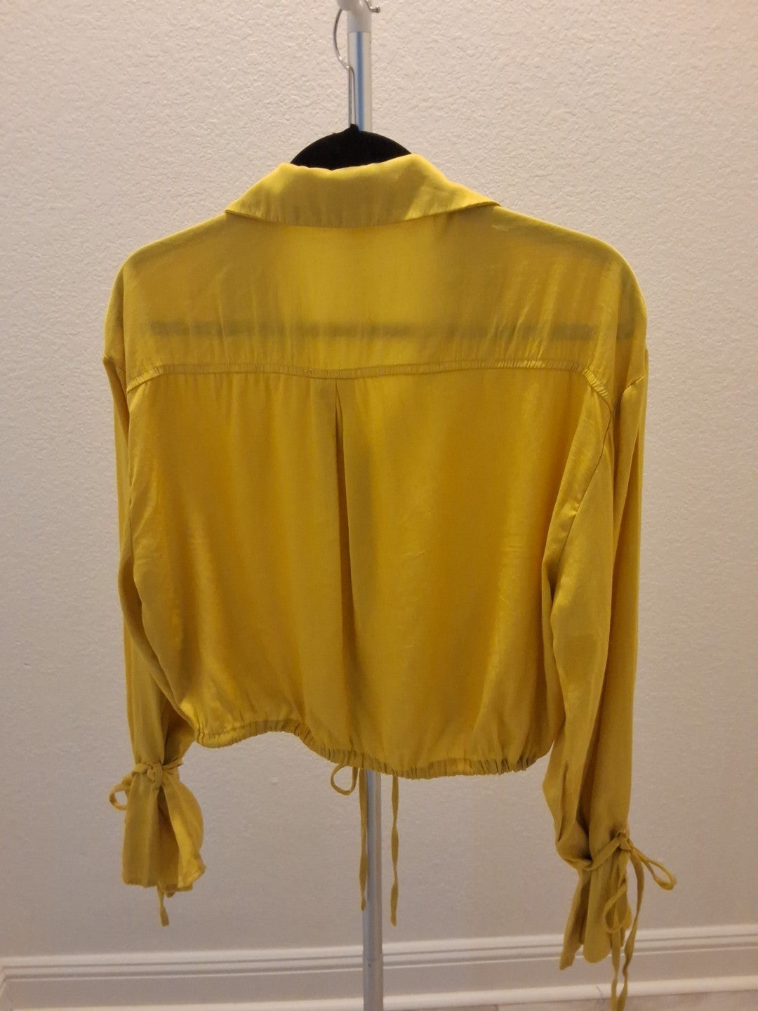 Shein Cropped Long Sleeve S Yellow Tie Sleeves Draw String Button Up Blouse