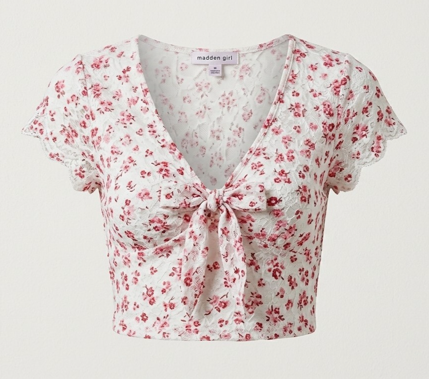 Madden Girl  L Floral Lace Tie Front Top Womens Short Sleeve Sheer Blouse White
