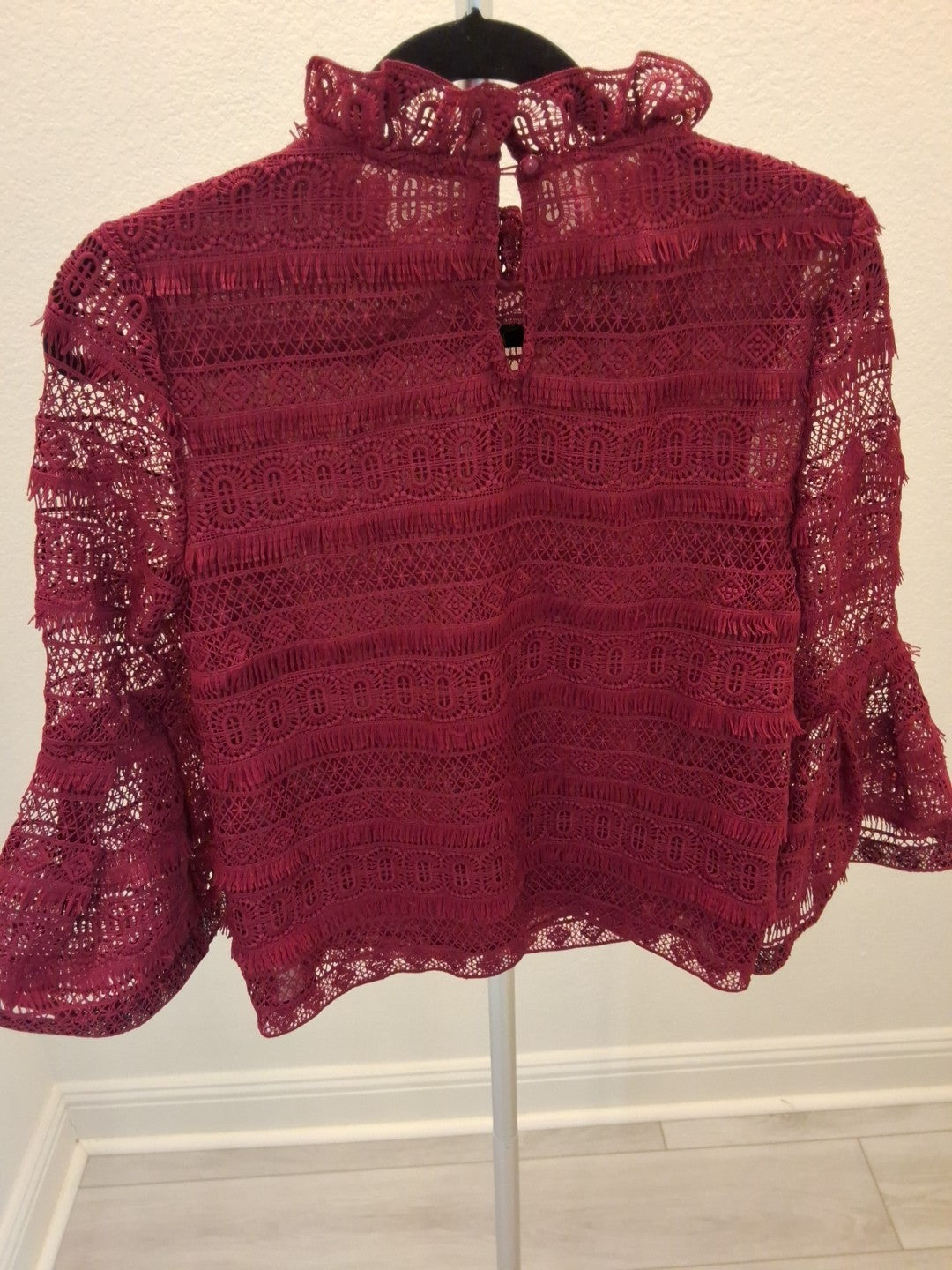 INA Sheer Lace Victorian Ruffle Mock Neck Blouse Top  XS Women Maroon