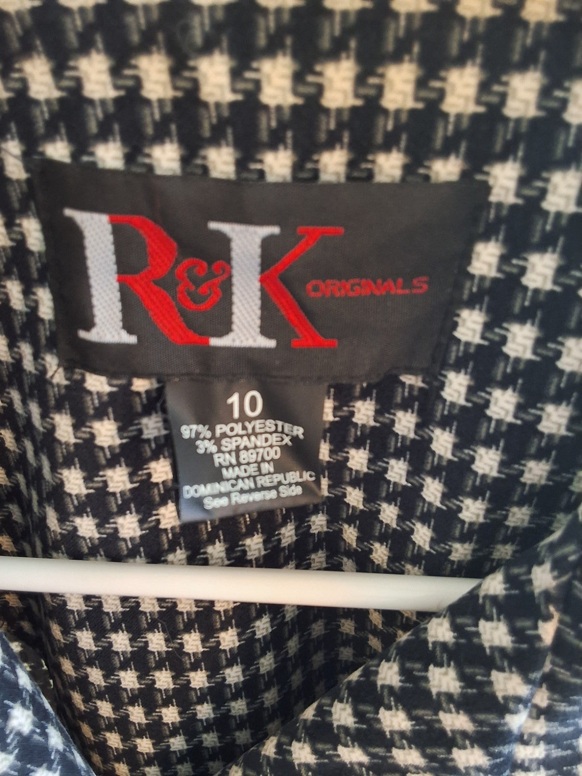 R&K Originals Houndstooth Blazer Jacket Faux Leather Trim Black White Womens 10