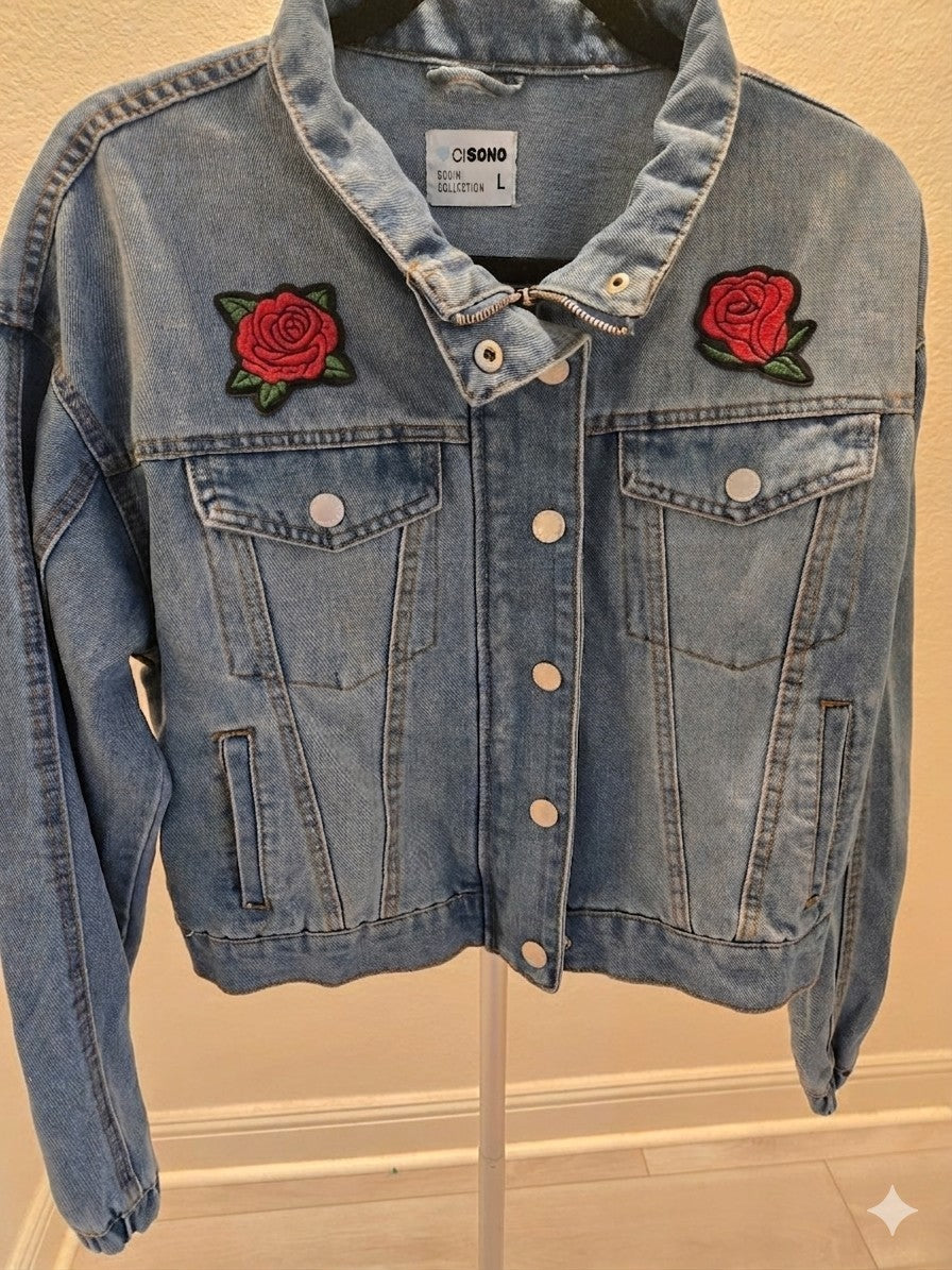 Ci Sono Denim Jacket Embroidered Roses L Women Blue Crop Asymmetric Zip Trucker