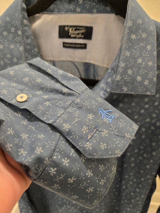 Penguin An Original L Slim Fit Micro Floral Blue Casual Long Sleeve Heritage