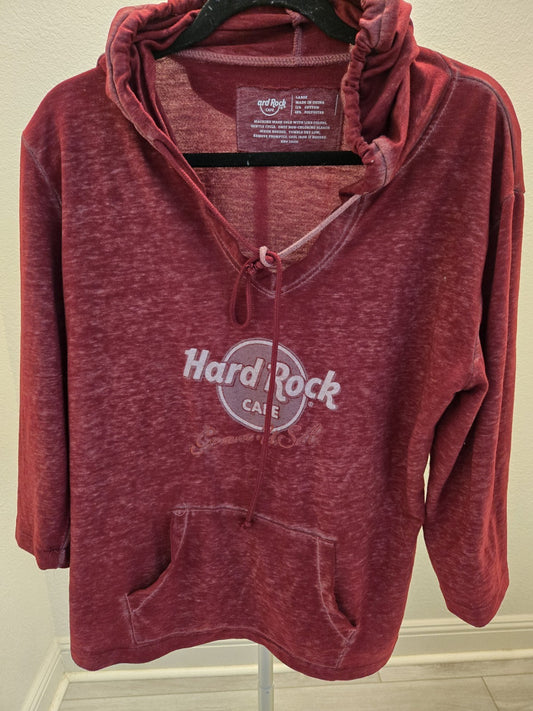 Hard Rock Cafe Guam USA Burgundy Hoodie L Women Lightweight V-Neck Lace Up