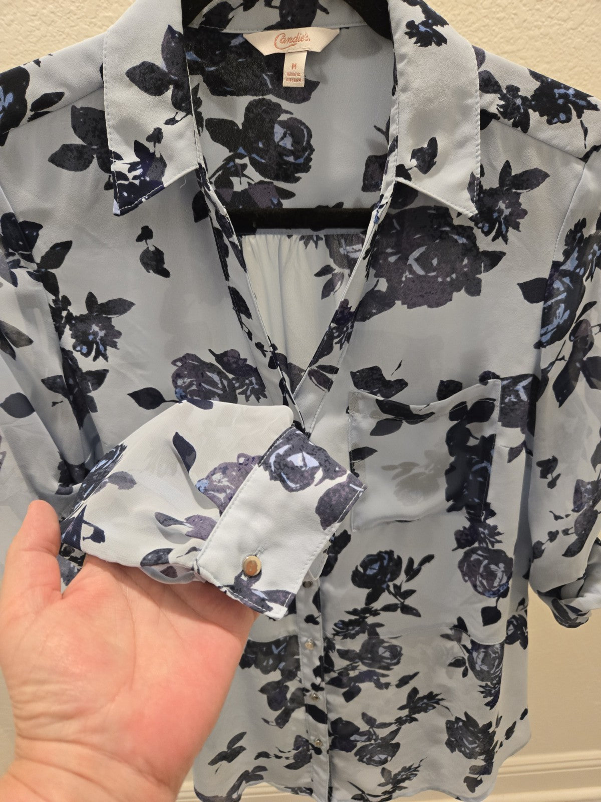 Candie's Y2K Blue Floral Sheer Button-Up Blouse Top M Roll Tab Sleeve Fairycore