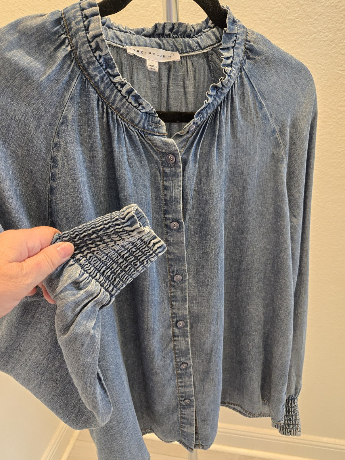 Jane + Delancey L Chambray Ruffle Mock Neck Long Sleeve Button Up Shirt Women