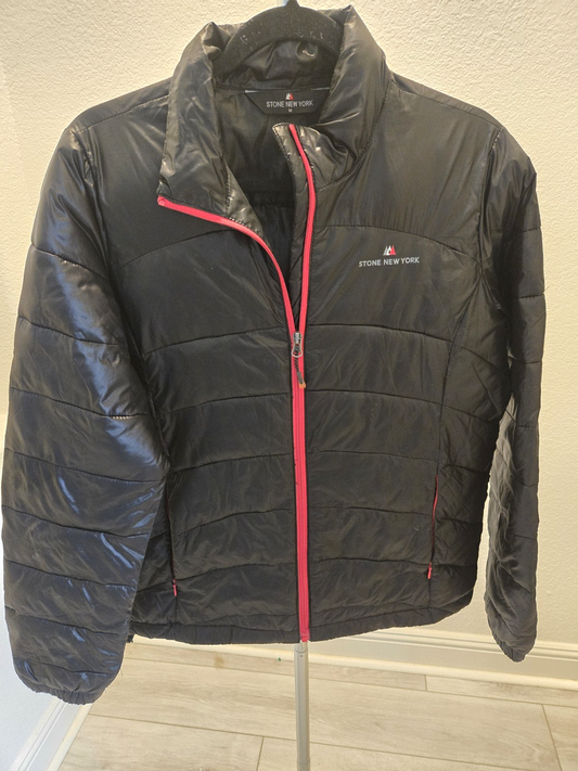 Stone New York M Puffer Jacket Womens Black Pink Trim Full Zip Lightweight Coat