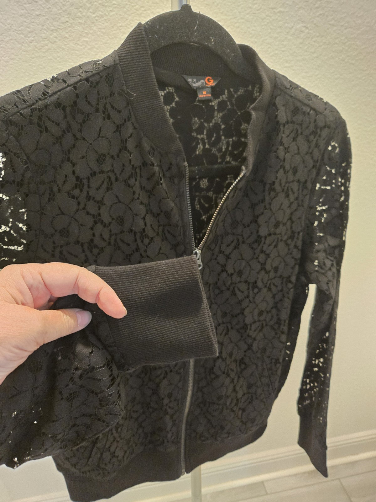 G By Guess M Black Floral Lace Full Zip Bomber Jacket Women Ribbed Trim