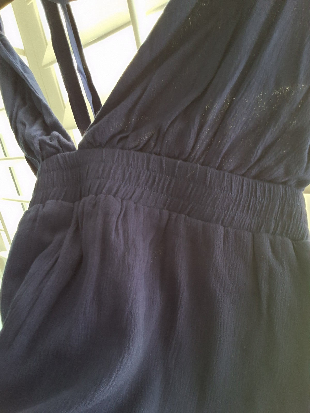 Lulus Women's L Navy Blue Textured V-Neck Tie Back NWOT Romper Jumpsuit Summer