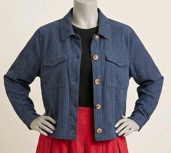 Lane Bryant Striped Linen 14 L Jacket Womens 14 Blue Cropped Shacket Pinstripe
