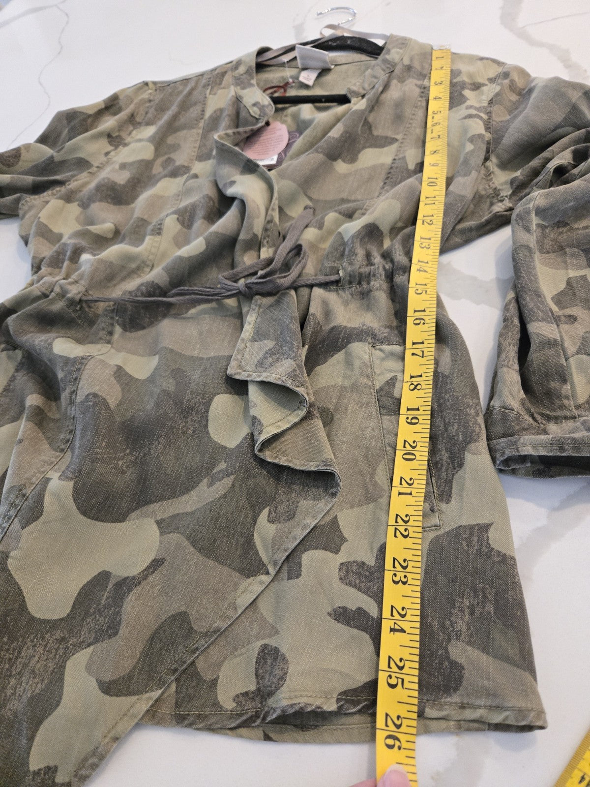 Knox Rose NWT Camo Utility Jacket L Draped Open Front Drawstring Tie Waist Boho