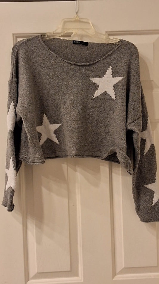 SHEIN Star Print Sweater Gray White Cropped Knit Pullover Cozy Women's Size S